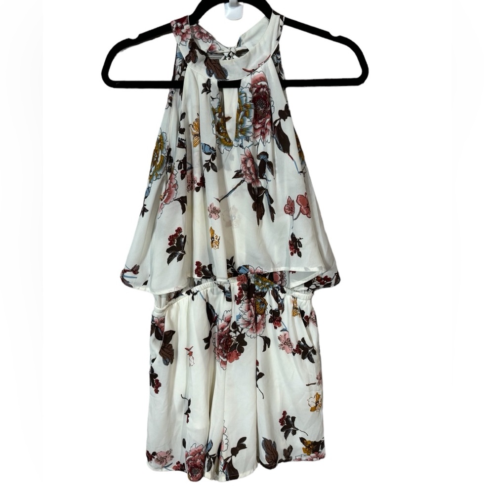 Francesca's Blue Rain Womens Shorts Romper, Medium, Ivory Floral Halter Style